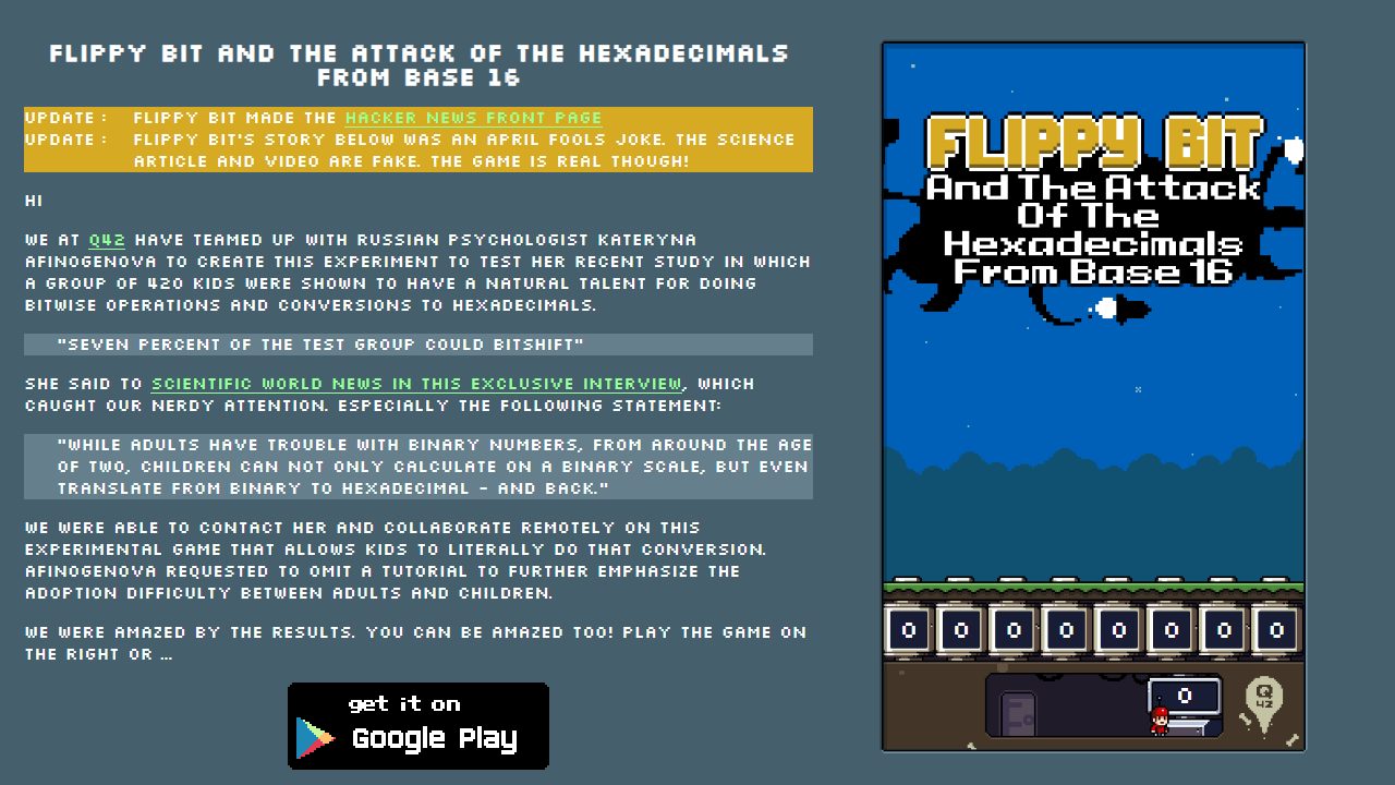 Screenshot of Flippy Bit and the Attack of the Hexadecimals from Base 16
