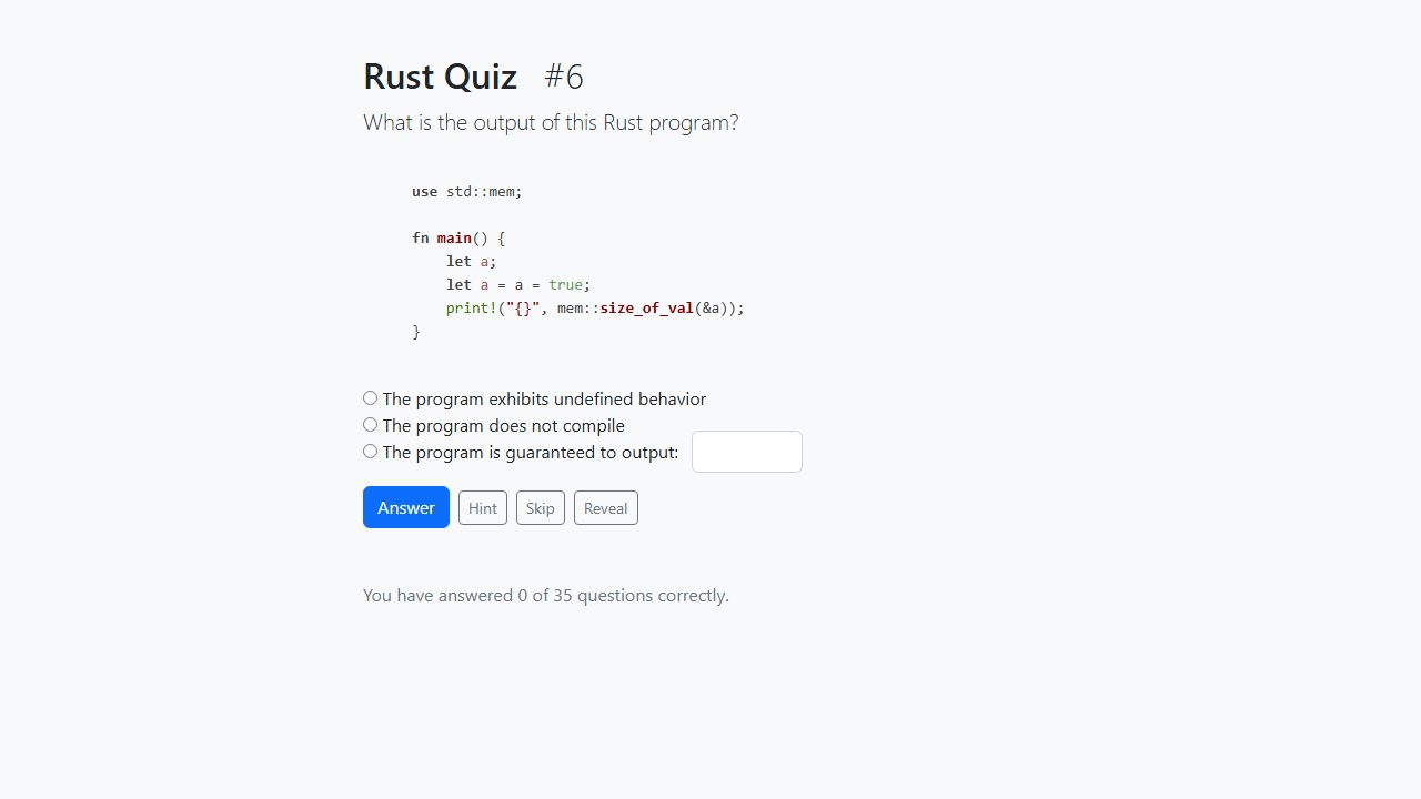 Screenshot of Rust Quiz